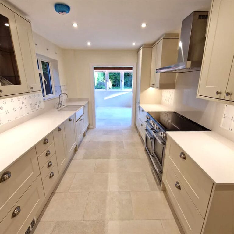 Cream galley kitchen with range cooker